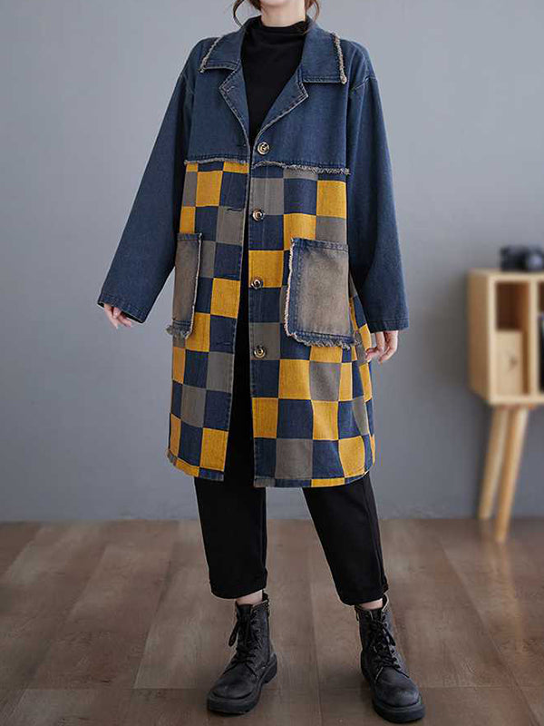 Checked Denim Notch-Collar Fringe Jacket