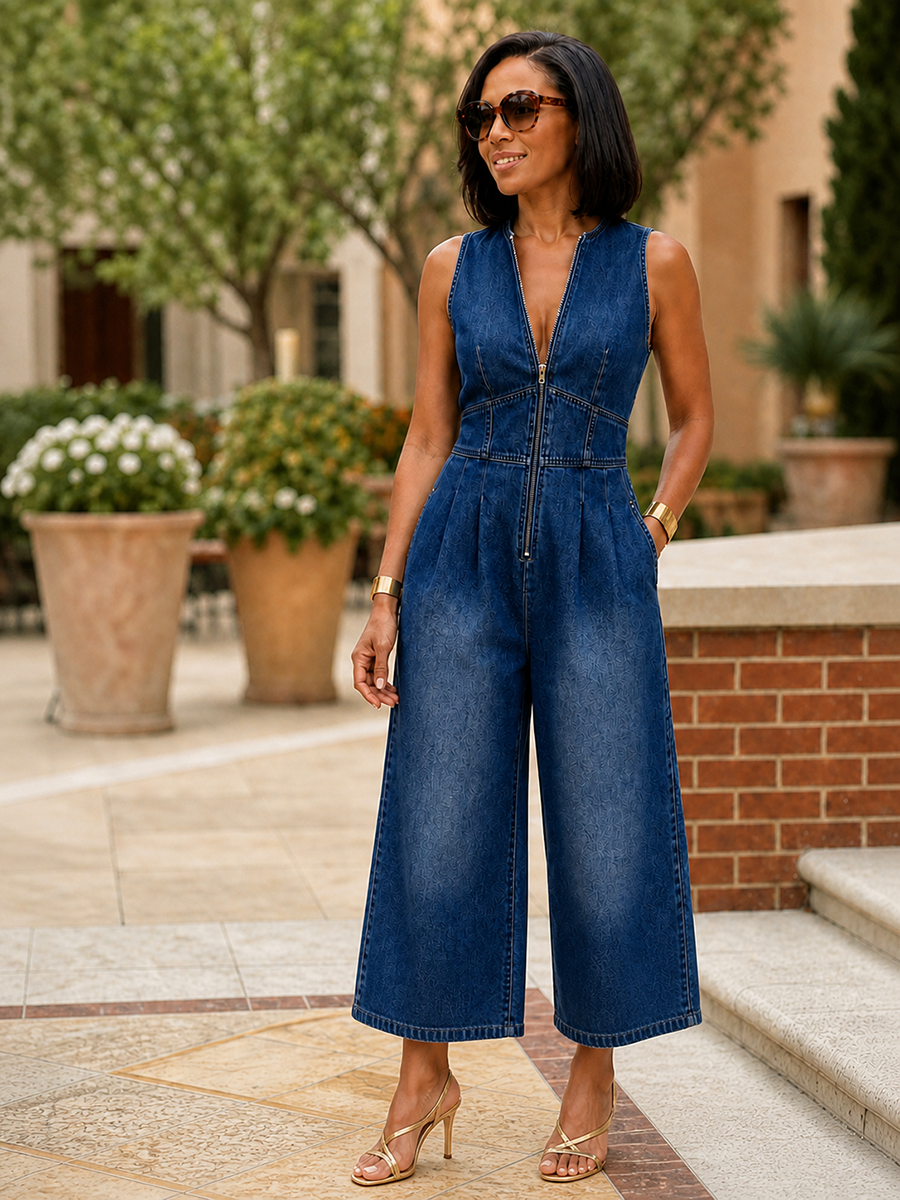 High-Waist Round-Neck Pleated Zip Jumpsuit
