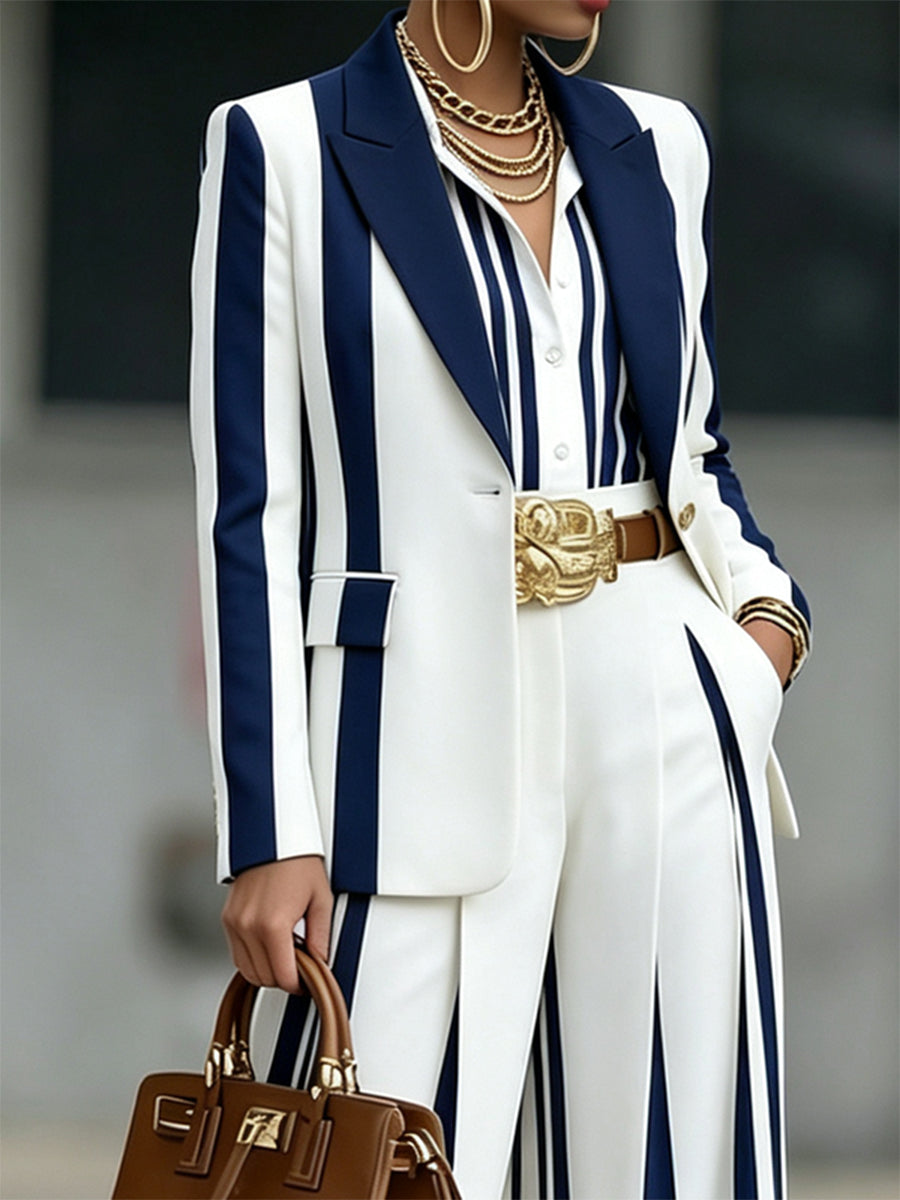 Striped Notch-Collar Button-Detail Long-Sleeve Blazer