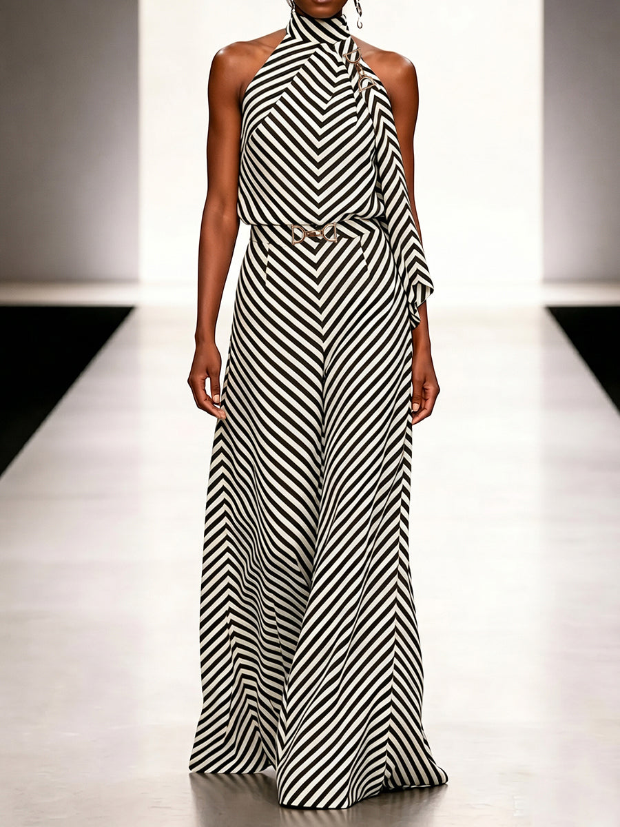 Striped High-Waist Buckle Elastic Pants
