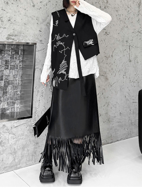 V-Neck Embroidered Asymmetric Button-Detail Vest