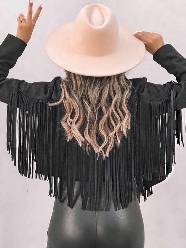 Notch-Collar Fringe Long-Sleeve Jacket