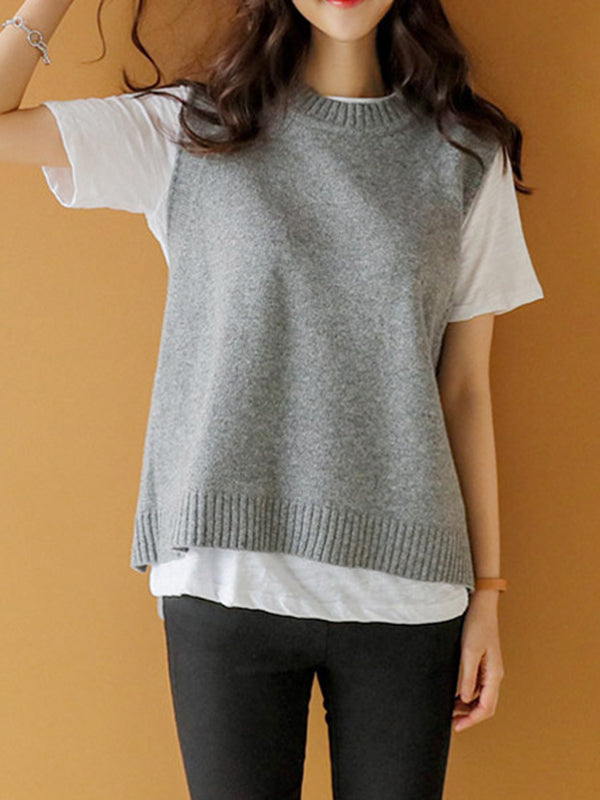 Round-Neck Button-Detail Sleeveless Relaxed Vest