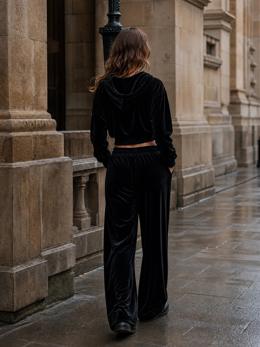 Velvet Wide-Leg Pocket Elastic Pants