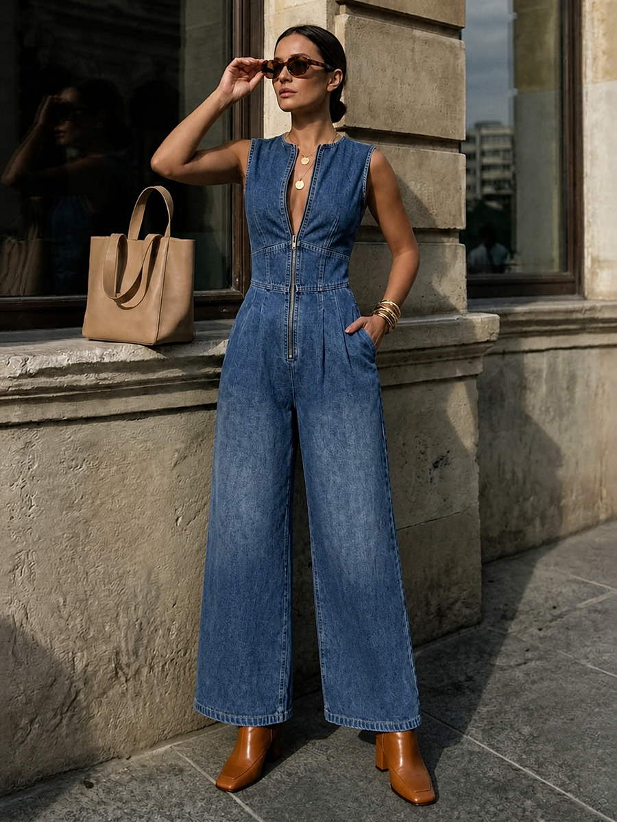 High-Waist Round-Neck Pleated Zip Jumpsuit
