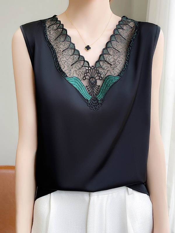 V-Neck Embroidered Sleeveless Relaxed Vest