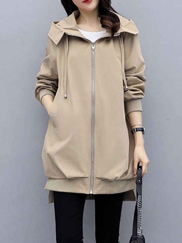 Hooded Pleated Zip Long-Sleeve Jacket