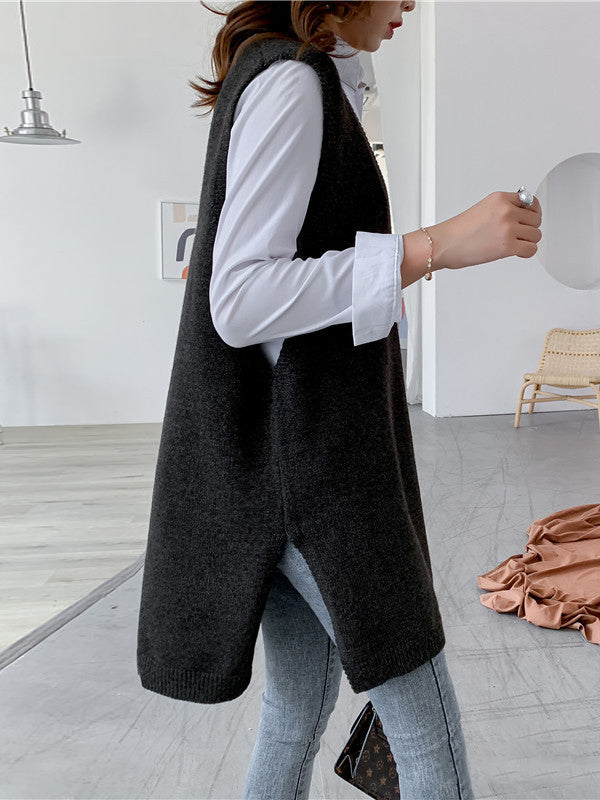 Knit V-Neck Side-Split Sleeveless Vest