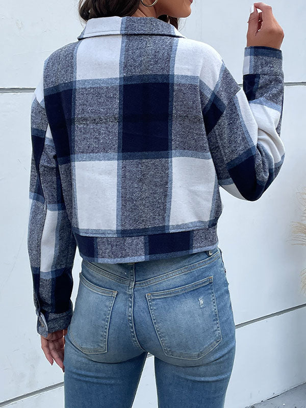 Checked Button-Detail Pocket Long-Sleeve Jacket