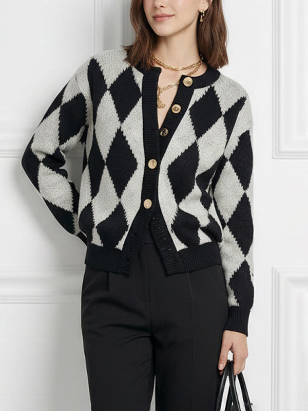 Checked Round-Neck Button-Detail Long-Sleeve Cardigan