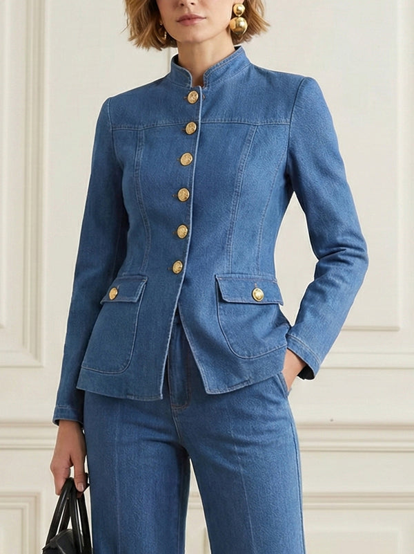 Stand-Collar Button-Detail Pocket Long-Sleeve Jacket