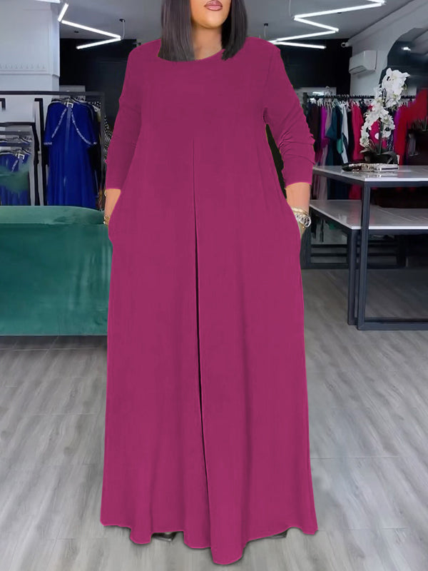 Wide-Leg Round-Neck Pocket Relaxed Jumpsuit