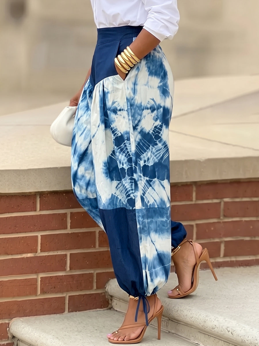 Printed High-Waist Contrast Pants