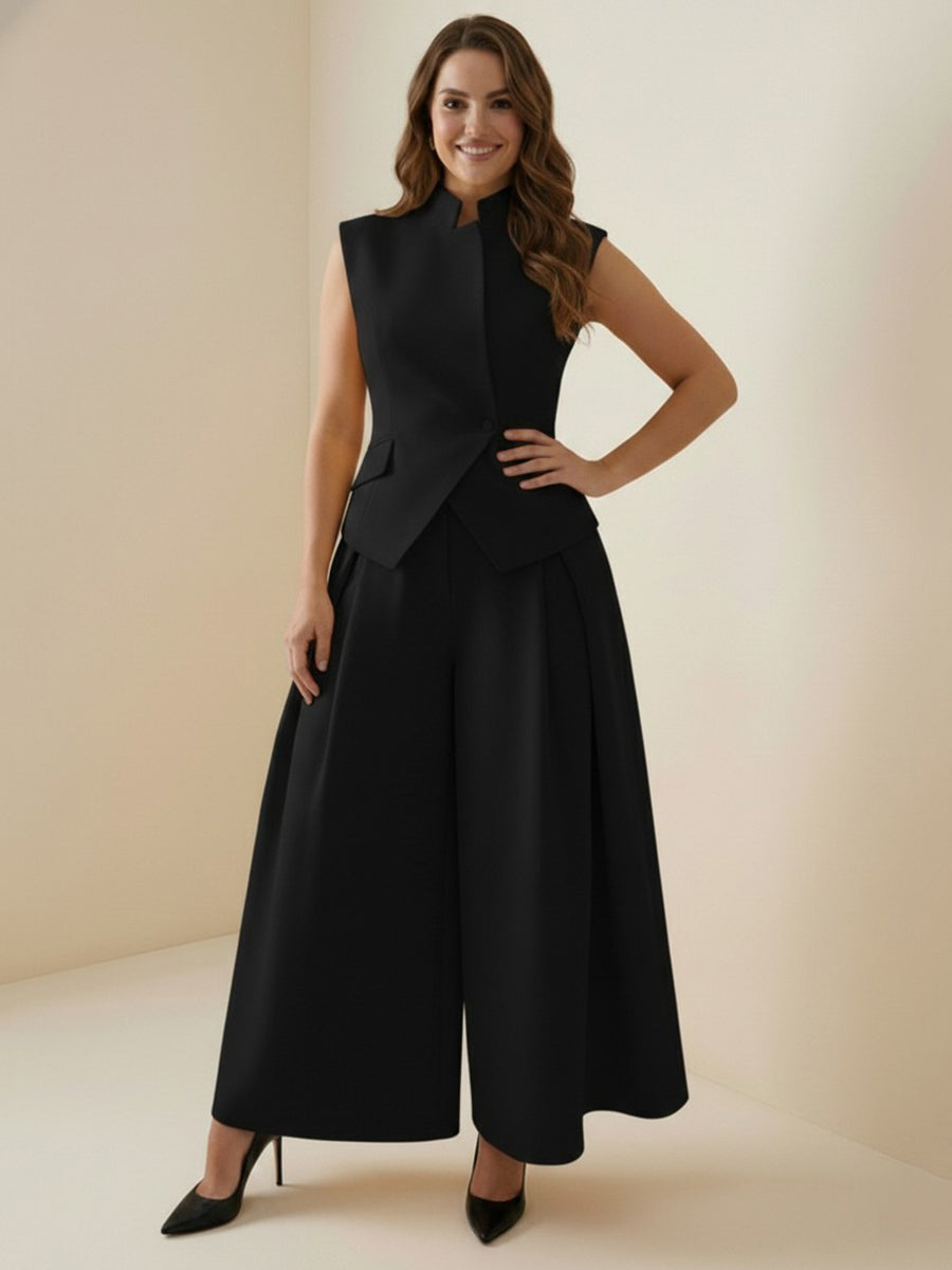 High-Waist Stand-Collar Asymmetric Button-Detail Tank Top