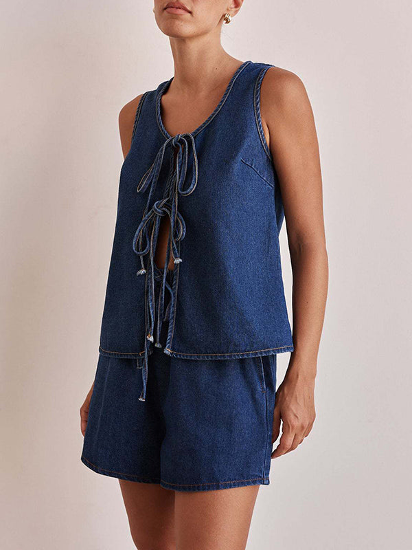 Lace Round-Neck Sleeveless Relaxed Vest