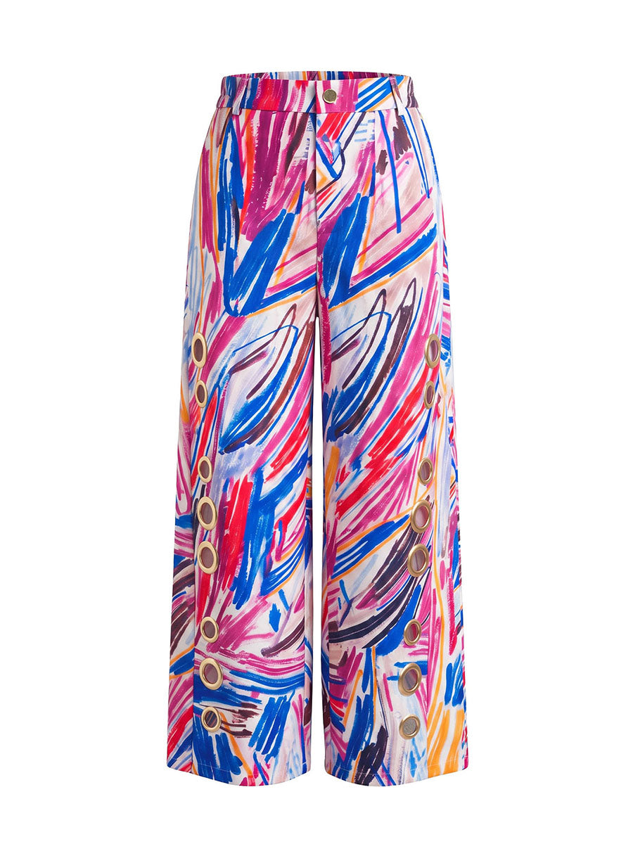 Printed Wide-Leg High-Waist Button-Detail Pants
