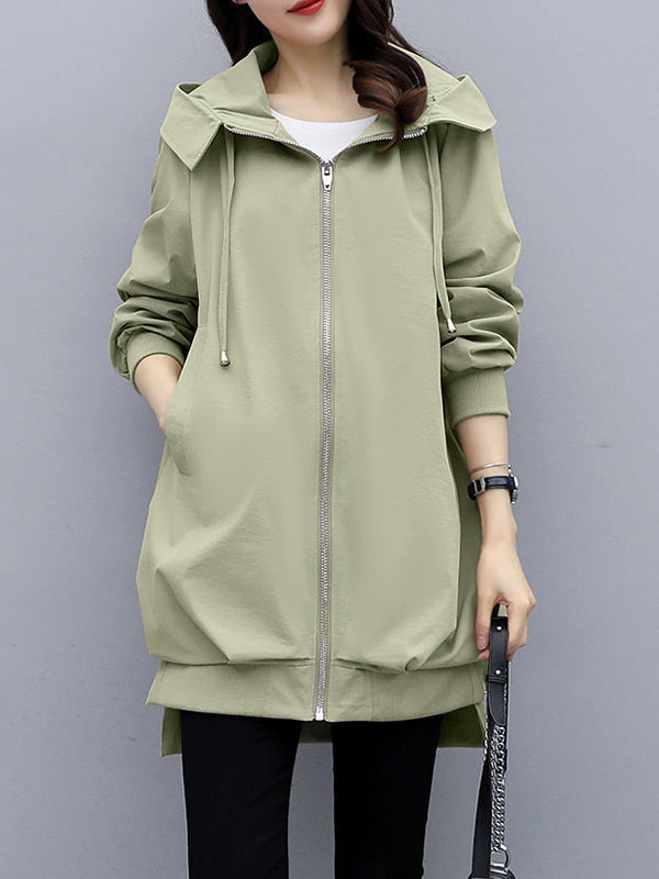 Hooded Pleated Zip Long-Sleeve Jacket