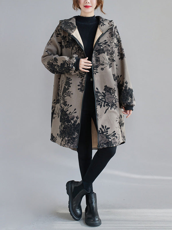 Floral Hooded Long-Sleeve Relaxed Jacket