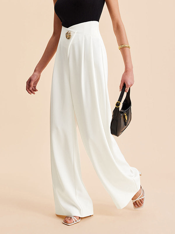 High-Waist Pleated Button-Detail Relaxed Pants