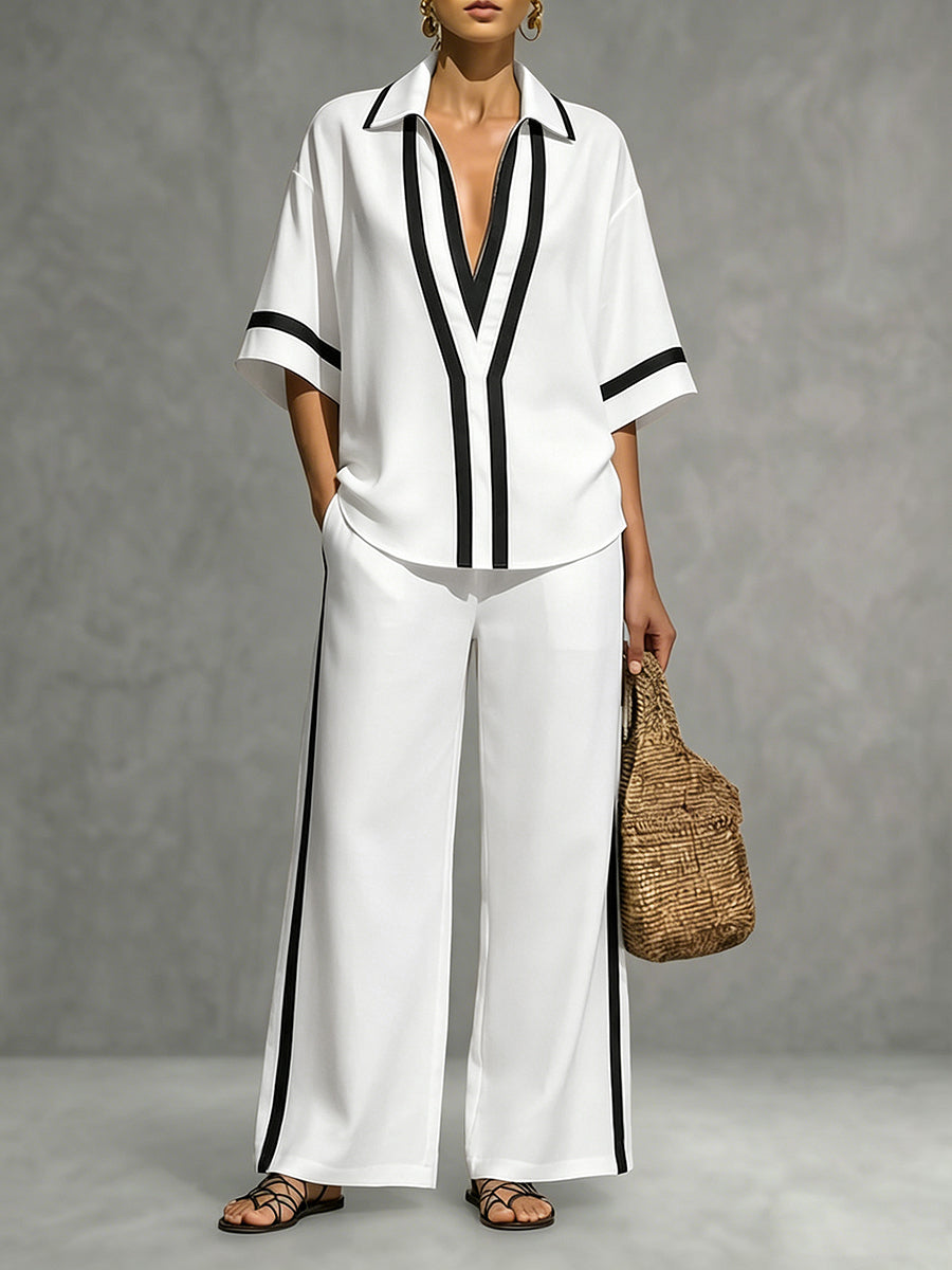 Wide-Leg High-Waist Pocket Contrast Pants