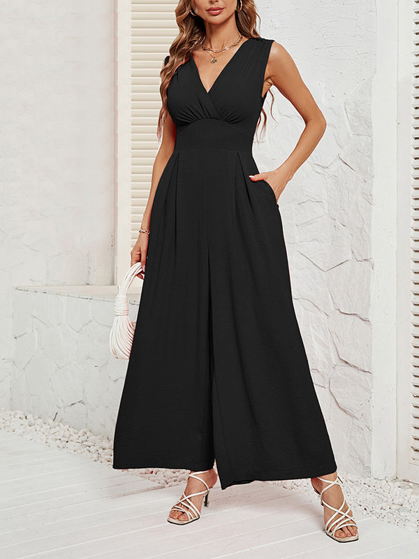 V-Neck Pleated Sleeveless Relaxed Jumpsuit