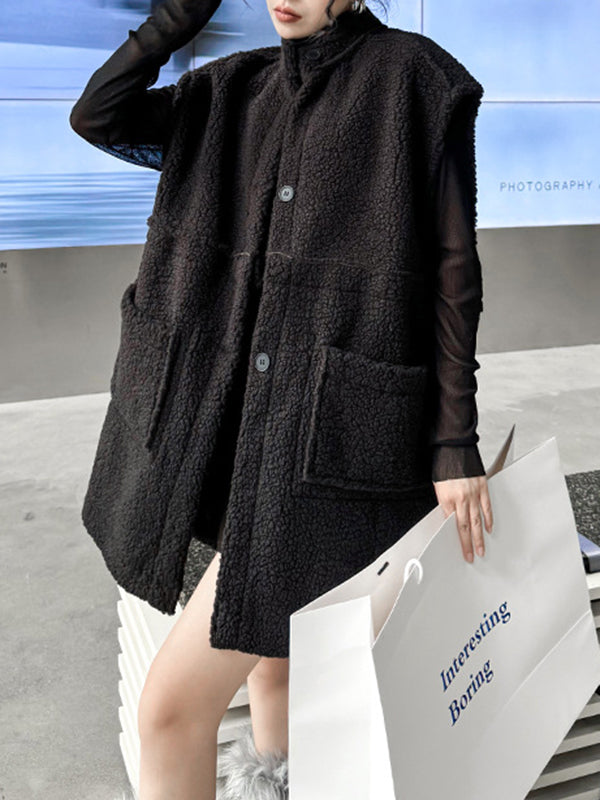 Stand-Collar Button-Detail Pocket Sleeveless Vest