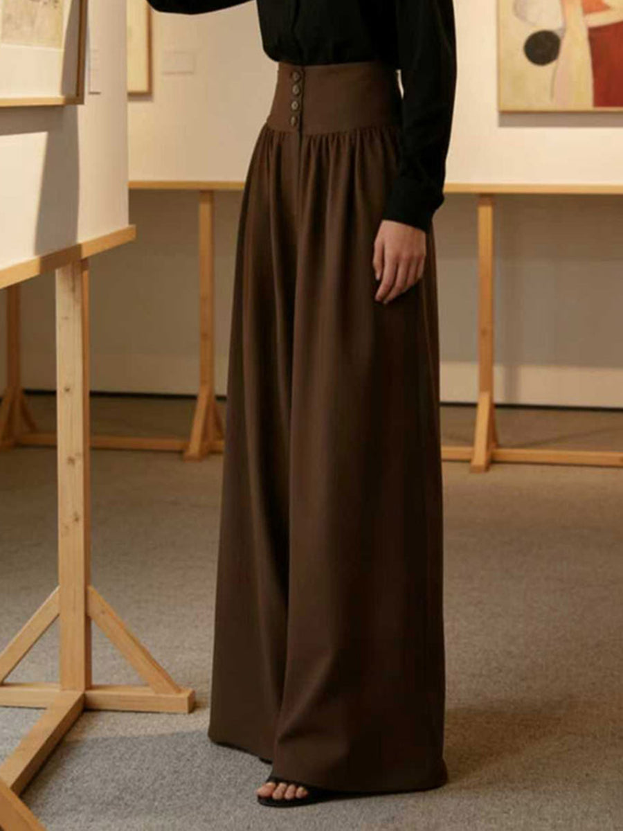 High-Waist Pleated Button-Detail Pocket Pants