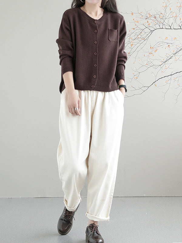 Round-Neck Button-Detail Long-Sleeve Relaxed Cardigan