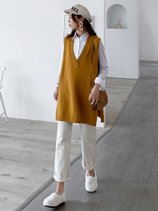 Knit V-Neck Side-Split Sleeveless Vest