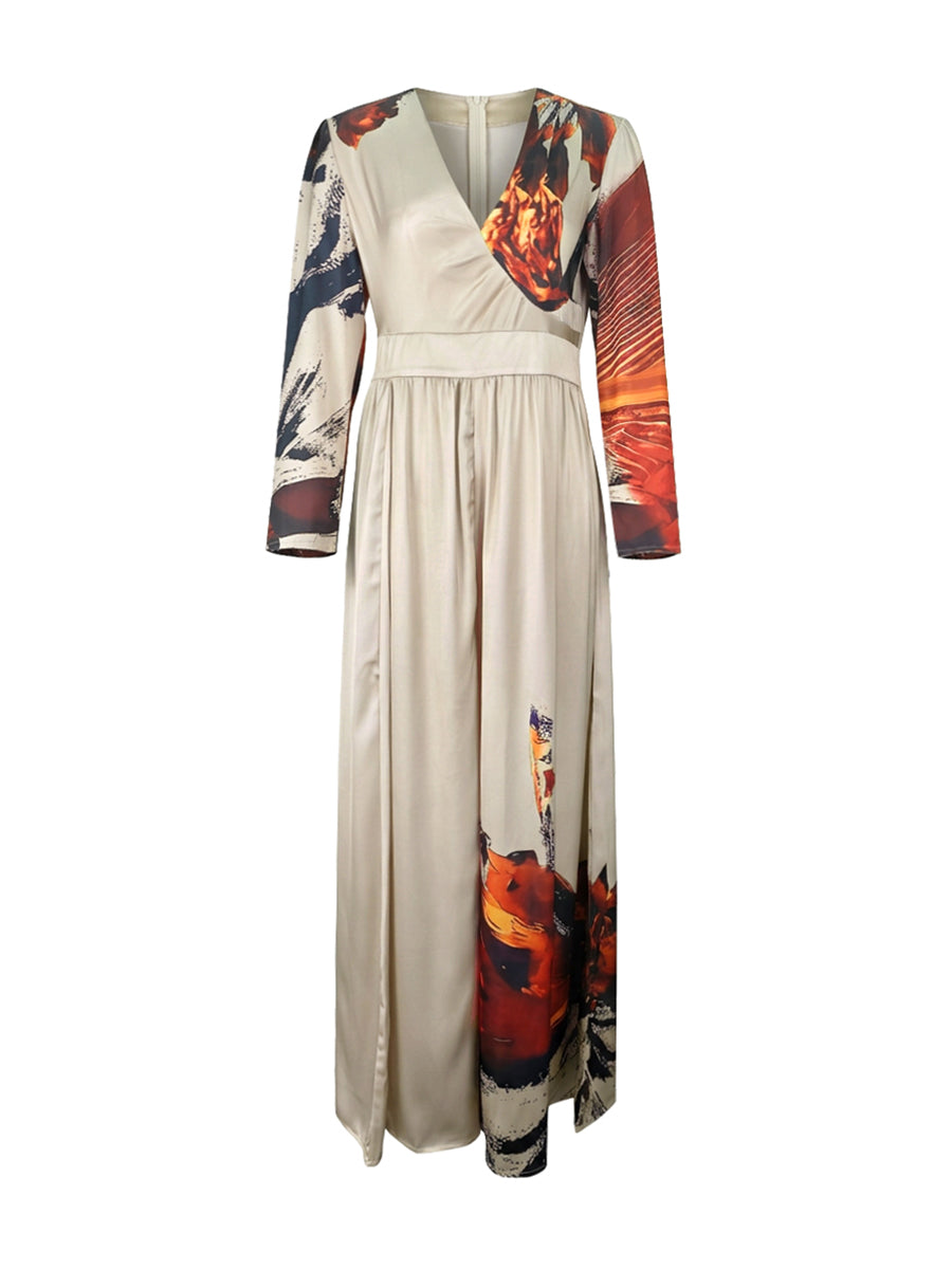 Floral V-Neck Pleated Long-Sleeve Jumpsuit