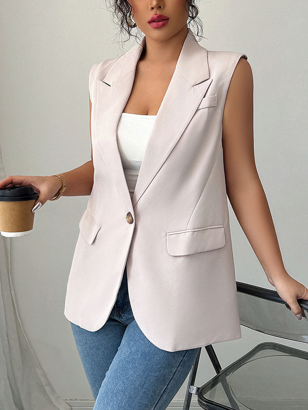 Notch-Collar Button-Detail Pocket Sleeveless Blazer