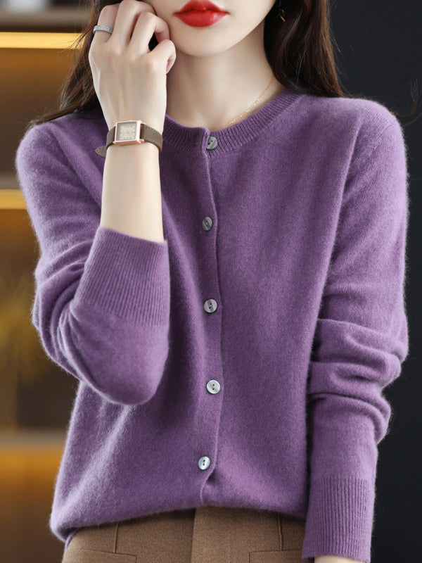 Knit Round-Neck Button-Detail Long-Sleeve Cardigan