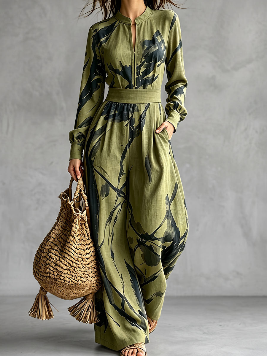 Printed Wide-Leg V-Neck Zip Jumpsuit