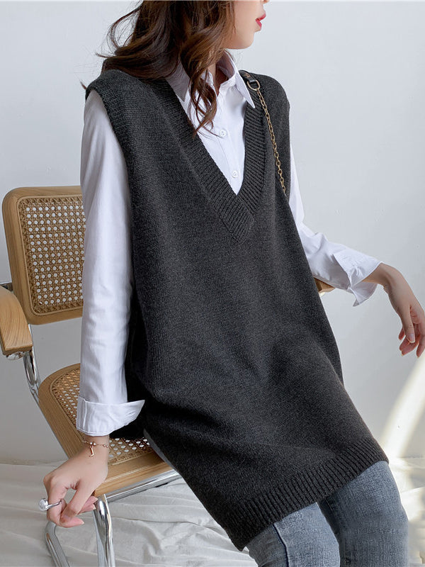 Knit V-Neck Side-Split Sleeveless Vest