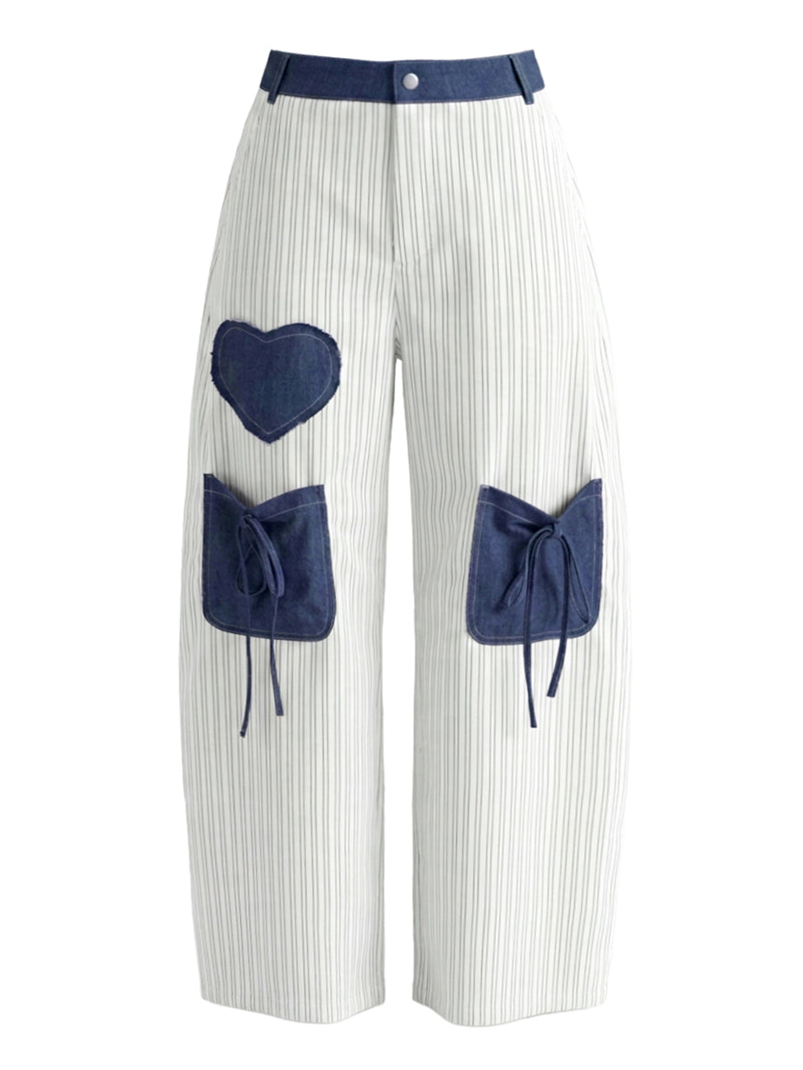 Striped High-Waist Button-Detail Pocket Pants