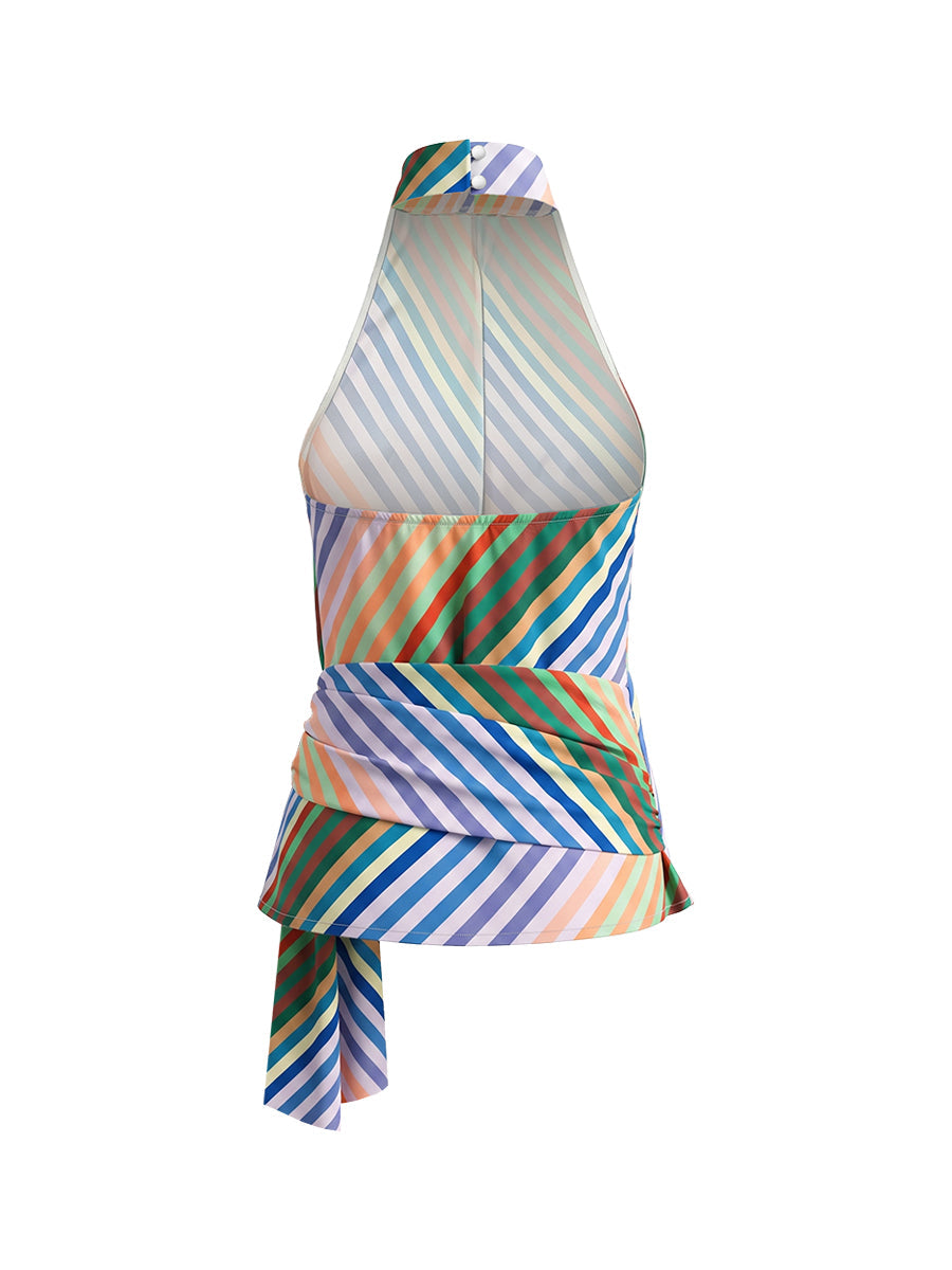 Striped Halter-Neck Open-Back Sleeveless Vest