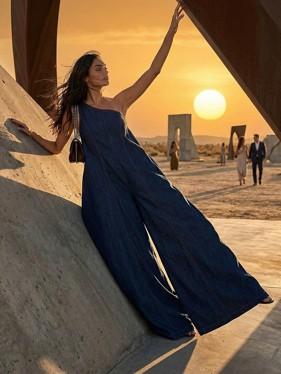 High-Waist One-Shoulder Asymmetric Relaxed Jumpsuit