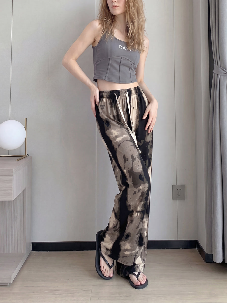 Printed Wide-Leg High-Waist Drawstring Pants