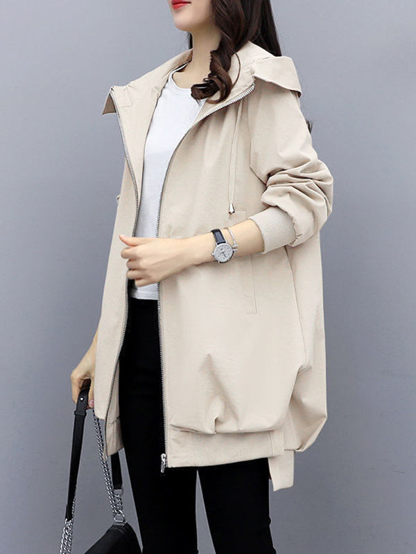 Hooded Pleated Zip Long-Sleeve Jacket