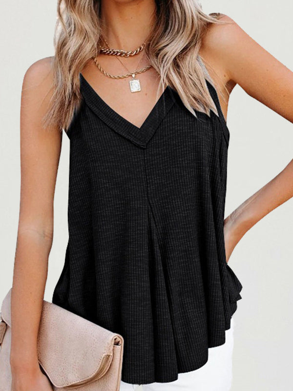 V-Neck Pleated Sleeveless Relaxed Vest