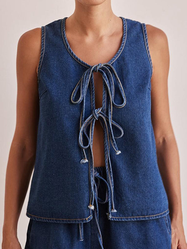 Lace Round-Neck Sleeveless Relaxed Vest