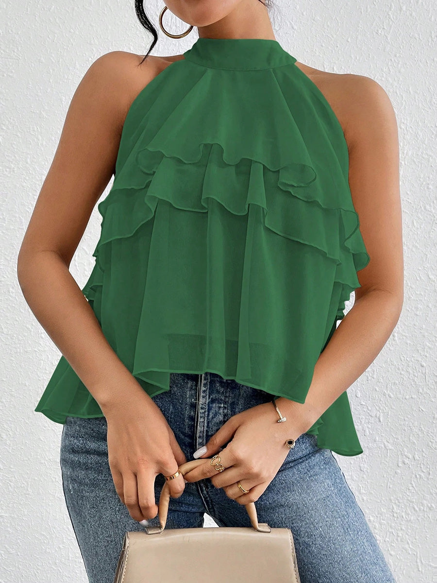 Halter-Neck Ruffle Sleeveless Cut-Out Tank Top