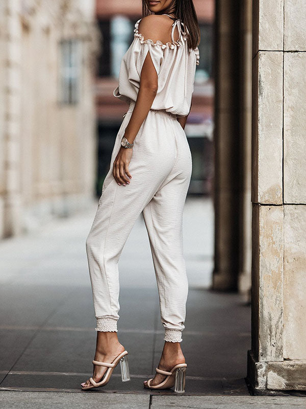 V-Neck Pleated Pocket Batwing Jumpsuit