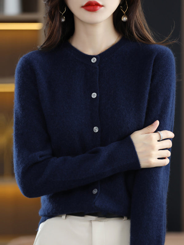 Knit Round-Neck Button-Detail Long-Sleeve Cardigan