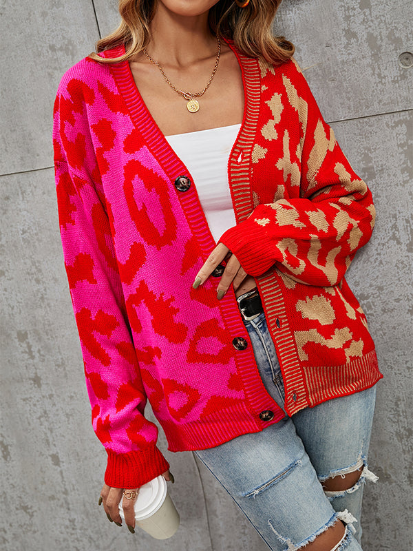Leopard Print V-Neck Button-Detail Long-Sleeve Cardigan