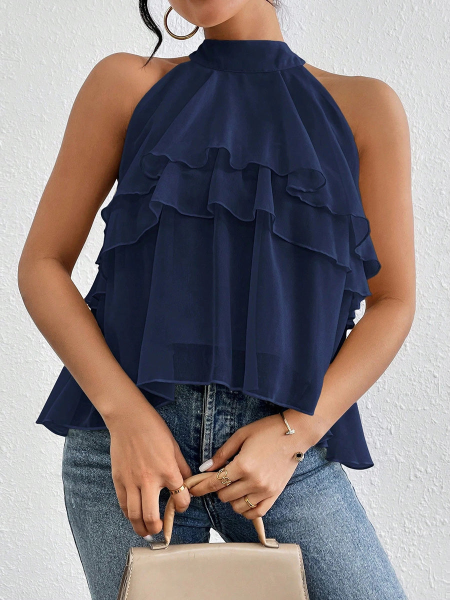 Halter-Neck Ruffle Sleeveless Cut-Out Tank Top