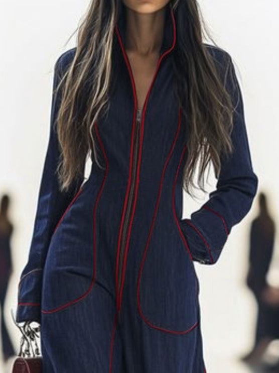 Wide-Leg Stand-Collar Zip Long-Sleeve Jumpsuit