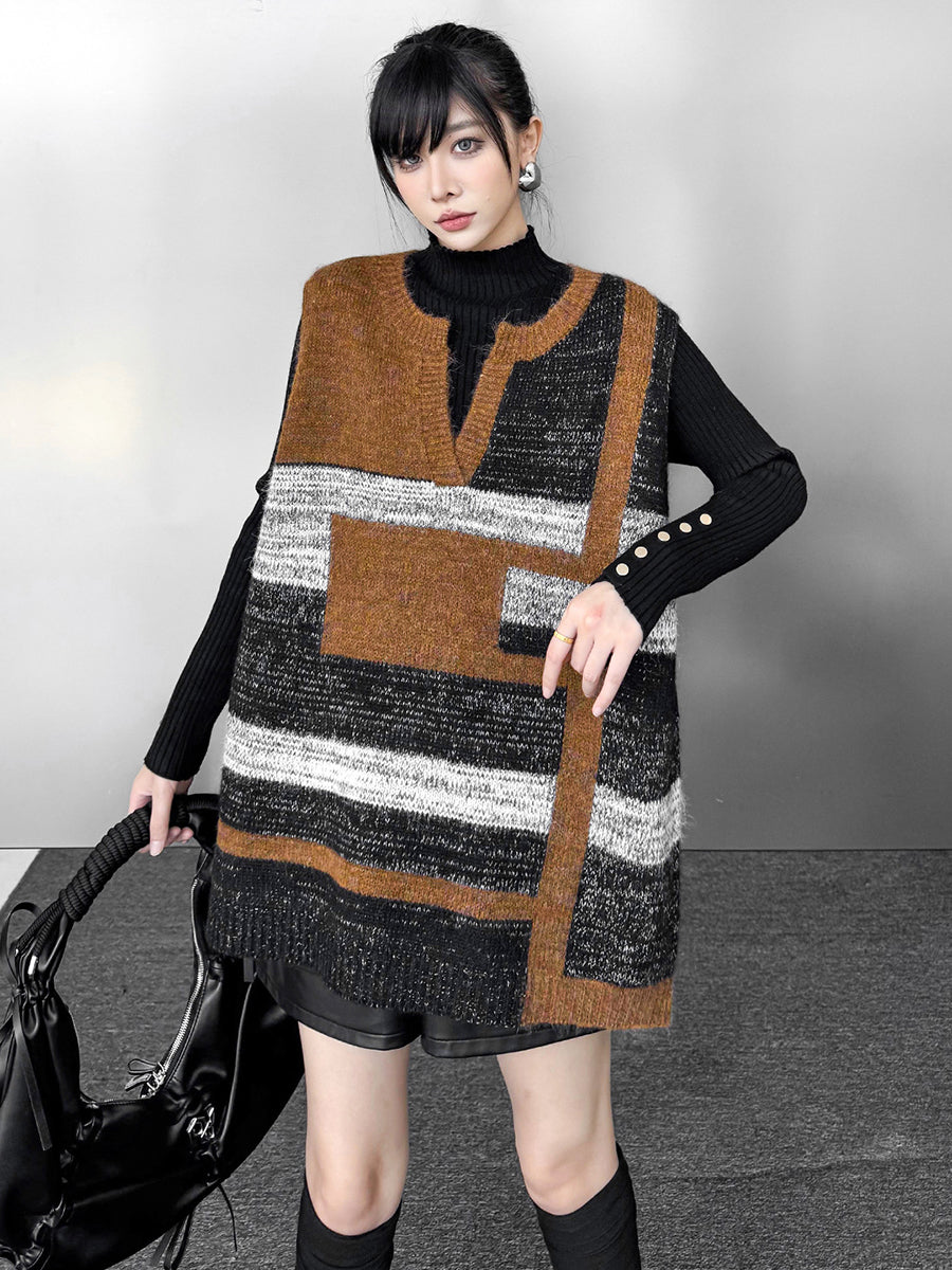 Striped V-Neck Sleeveless Geometric Vest