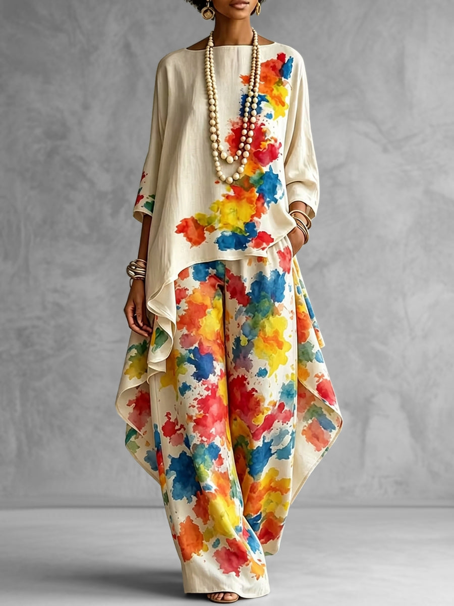 Printed Wide-Leg High-Waist Pocket Pants