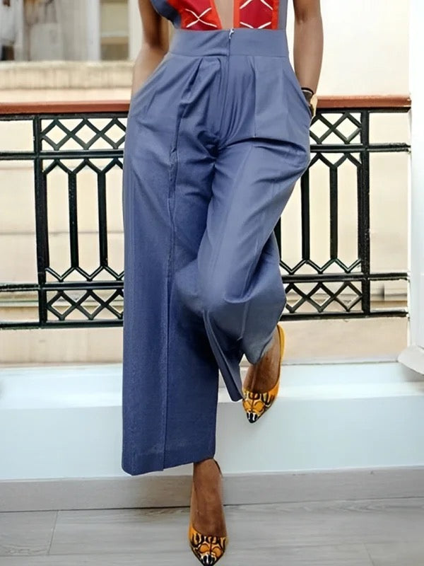 High-Waist V-Neck Pleated Zip Jumpsuit